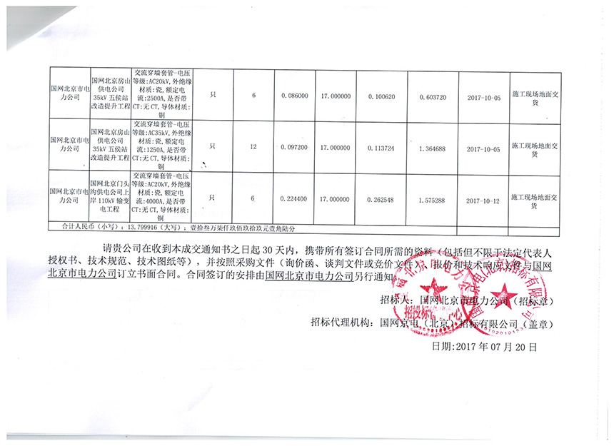 国网北京电力2017年第五批中标书