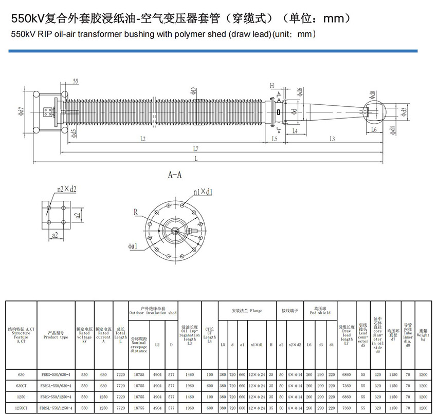 550kV复合外套胶浸纸油-空气变压器套管